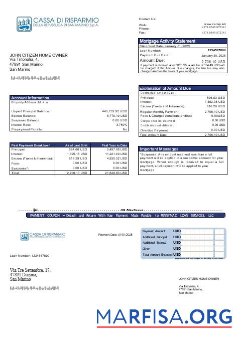 Printable San Marino Cassa di Risparmio bank mortgage statement in Word and PDF formats download for verification